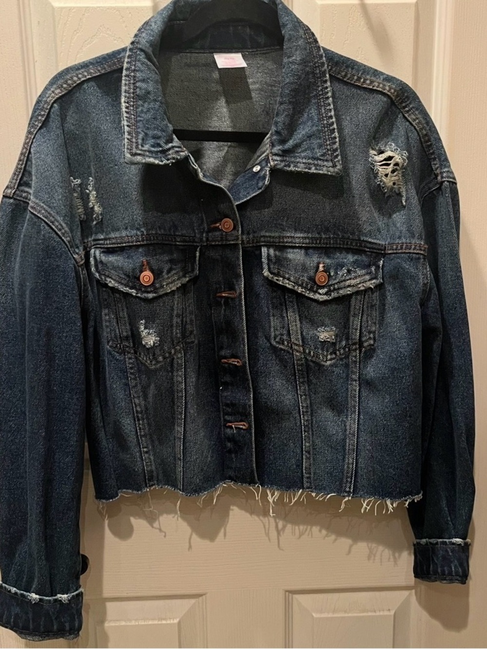 Classic Distressed Cropped Denim Jacket - Dark Blue (12/14)
